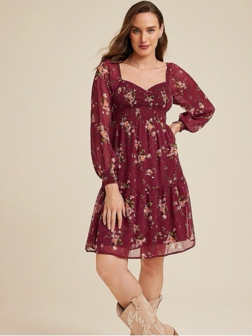 NWT Smocked Floral Mini Dress by Maurice’s - Burgundy Berry Wine - Size XL